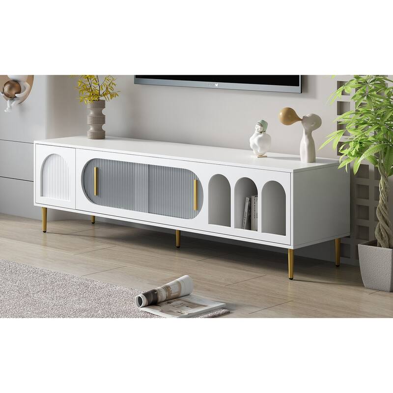 Modern TV Stand with Arched Shelves, Sliding Acrylic Door, Golden Metal Handles, and Ample Storage, Fits TVs up to 70 Inches.