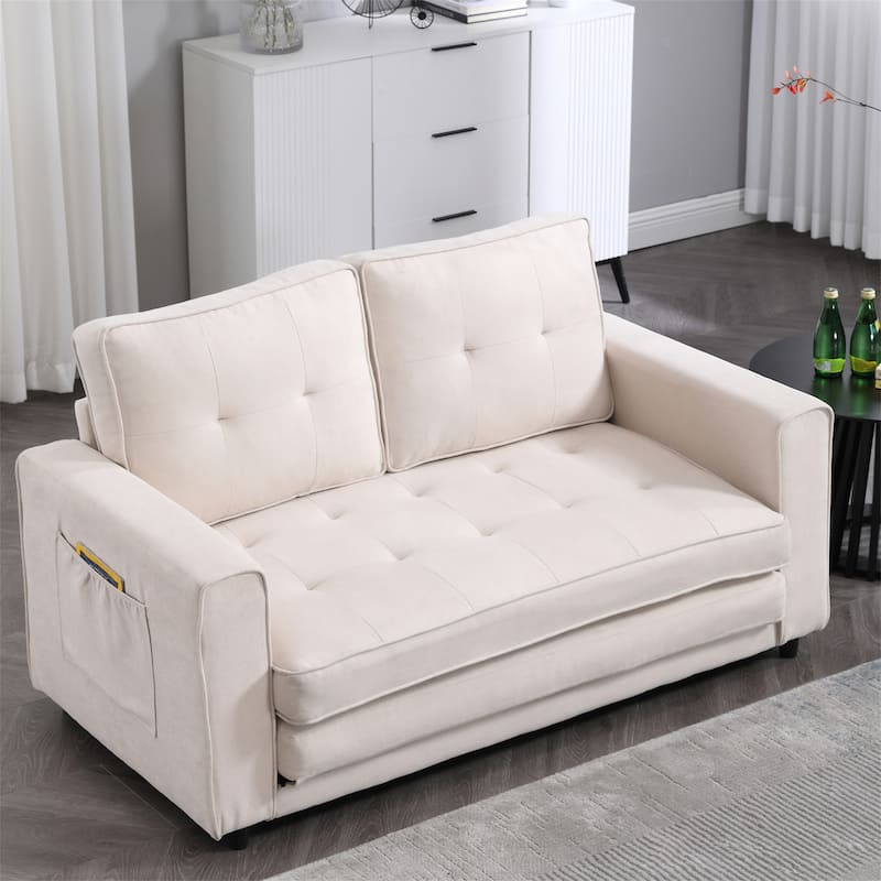 Upholstered Tufted Convertible Loveseat with Side Pockets