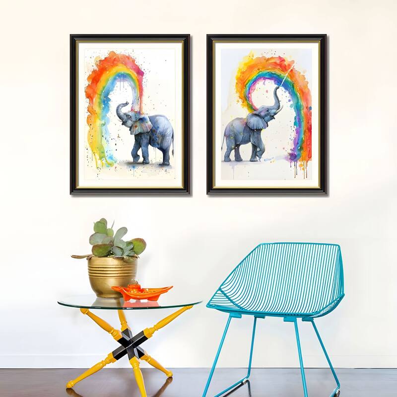 Set of 2 Colorful Elephant Framed Wall Art - Replaceable Canvas Prints with Solid Wood Picture Frames, Modern Animal Artwork