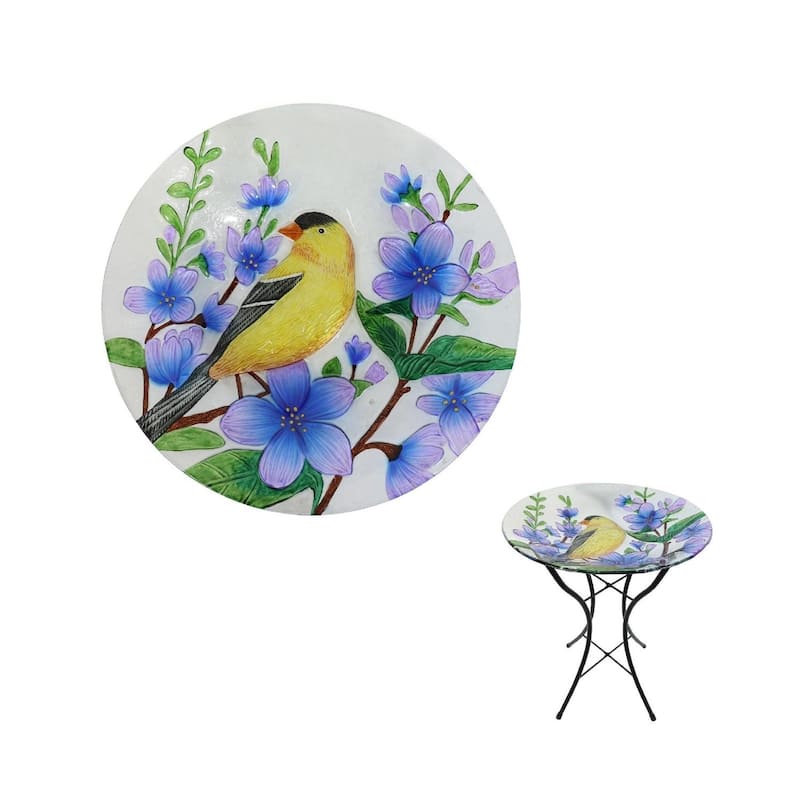 18" Glass Bowl Goldfinch Birdbath with Metal Stand "New Jersey" - Multi