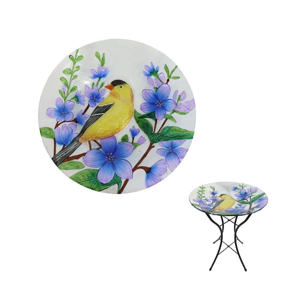 18" Glass Bowl Goldfinch Birdbath with Metal Stand "New Jersey"