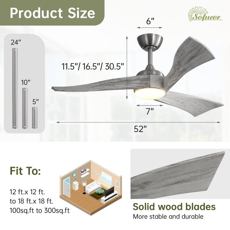 52"Solid Wood Ceiling Fan with Light Optional, 6-Speed Reversible DC Motor and Remote control,Smart Optional