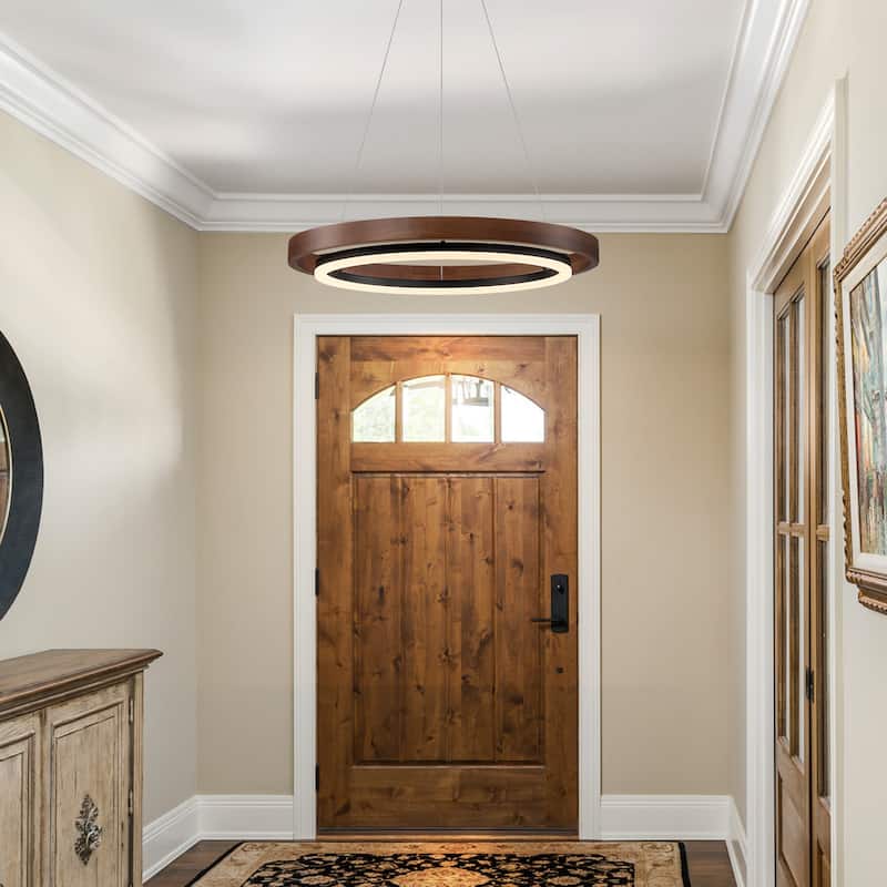 Modern 24" Walnut LED Wood Chandelier Ring Chandelier for Living Room Foyer