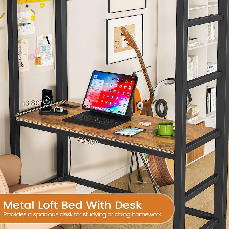 Loft Bed with Desk Gaming Bunk Bed LED Lights Charging Station