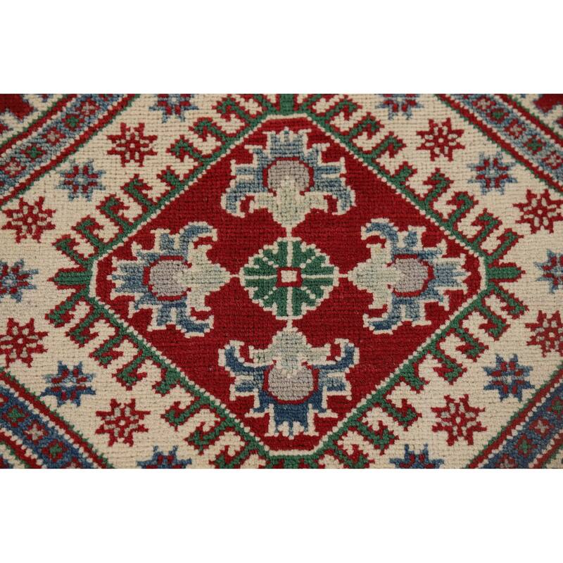 Red Geometric Kazak Runner Rug Handmade Wool Carpet - 4'0" x 13'5"
