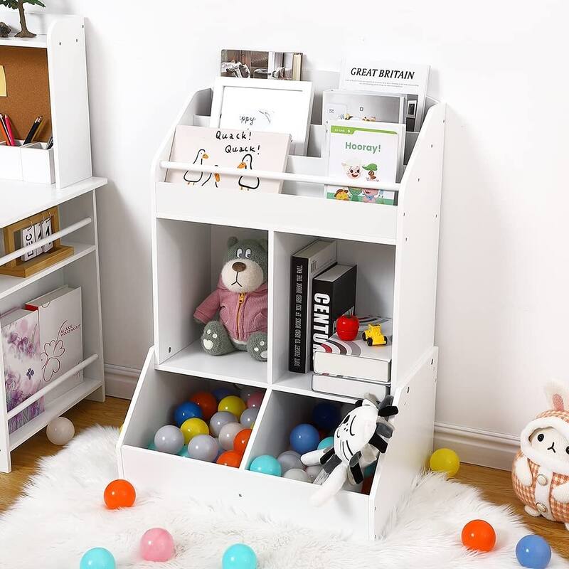 Kids Toy Storage Organizer - Wooden Book Shelf for Toddlers