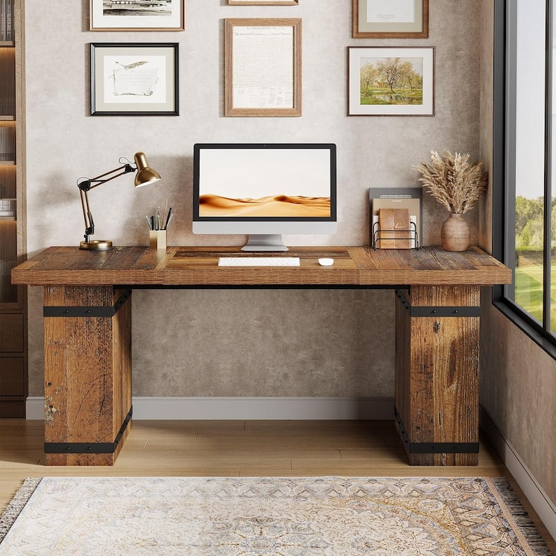 63 Inches Brown Engineered Wood Executive Desk, Mid-Century Modern Home Office Desk with Sturdy Pedestal