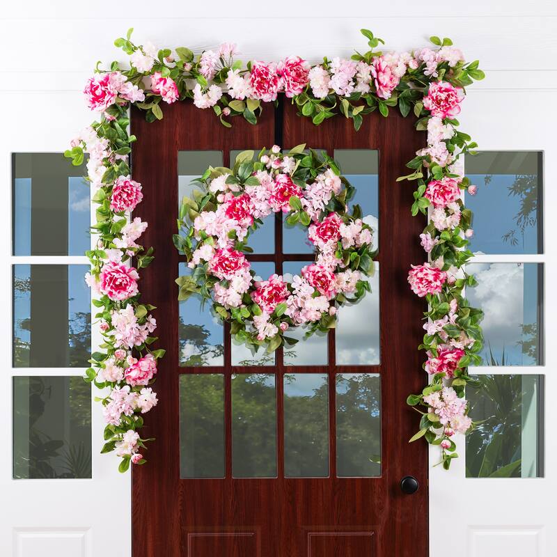 Glitzhome Pink Hydrangea, Peony & Cherry Wreath Garland