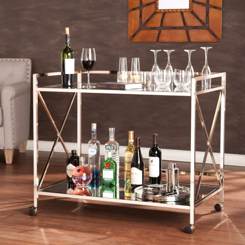 Rolling Bar Cart with Glass Shelves and Metal Frame for Home or Kitchen - 38.75” x 23.75” x 32.25”