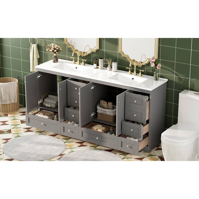 GDFStudio - Natura Shaker Style Double Ceramic Sink Freestanding Bathroom Vanity Set with Soft-close Drawers and Doors, Set of 2