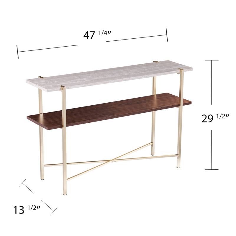 White Faux Marble Rectangular Console Table with Shelf and Brass Base - 47.25” L x 13.5” W x 29.5” H