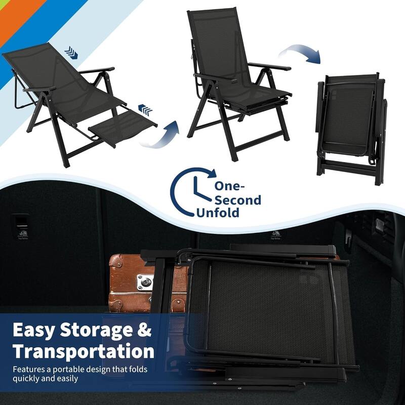 Outdoor Folding Chair, Adjustable Reclining Patio Chair with Armrests & Footrest