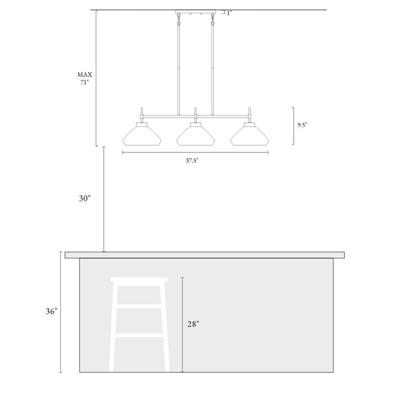 Flyn Modern 3-Light Linear Island Chandelier with Mercury Glass Pendant for Kitchen Island Dining Room