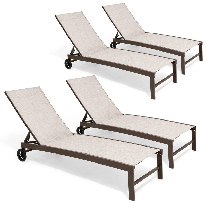 Outdoor Patio Aluminum 5-Position Adjustable Chaise lounge Chairs with Wheels