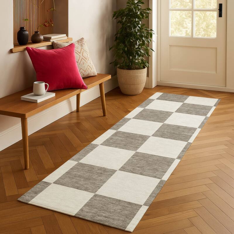 Machine Washable Indoor/ Outdoor Modern Checker Chantille Rug