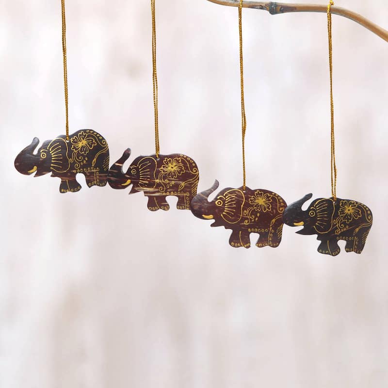 Novica Handmade Imperial Elephants Coconut Shell Ornaments (Set Of 4)