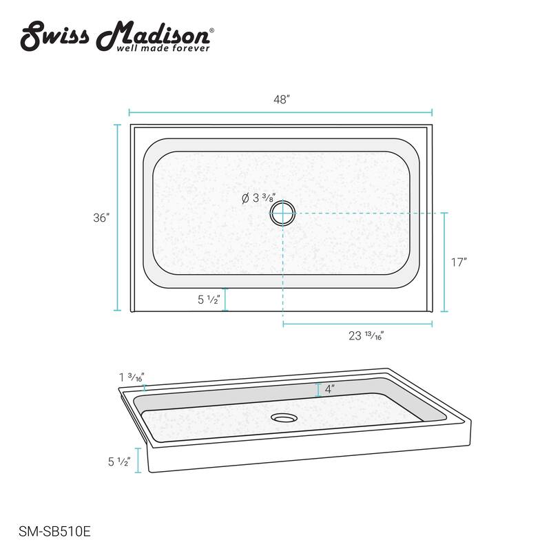 Voltaire 48 x 36 Single-Threshold, Center Drain, Shower Base, Grey