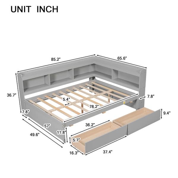 dimension image slide 2 of 3, Full Bed Platform Bed with L-shaped Bookcases, Drawers