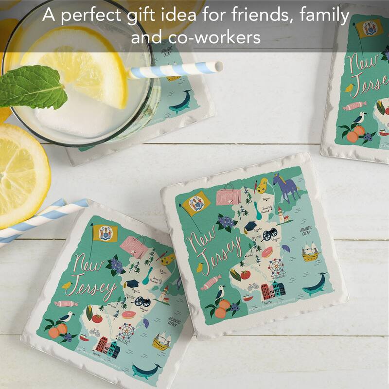 New Jersey Home 4-Pack Absorbent Stone Coasters with Protective Cork Backing 4" Square Made in The USA Easily Wipes Clean