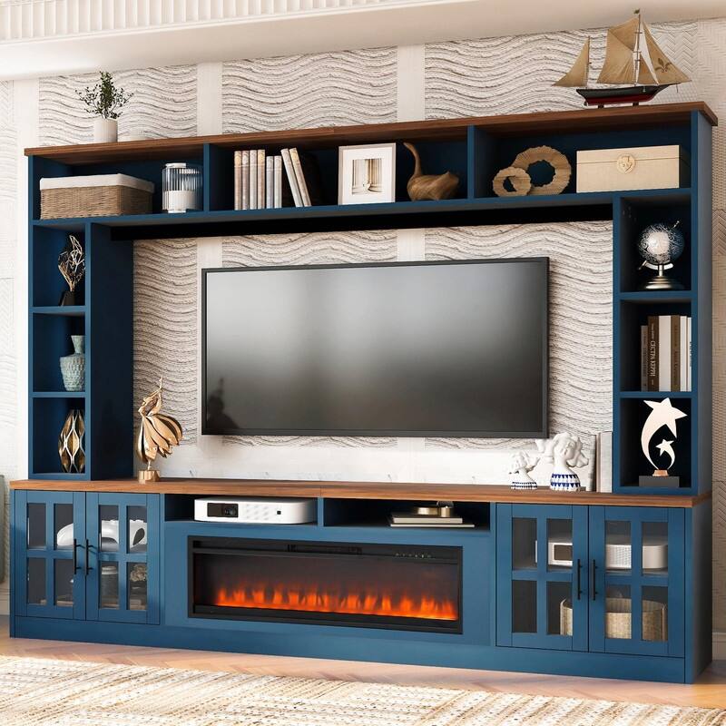 95.5" Wide Wall Unit Entertainment Center with Electric Fireplace and Bookshelves for TVs up to 80" - Navy Blue