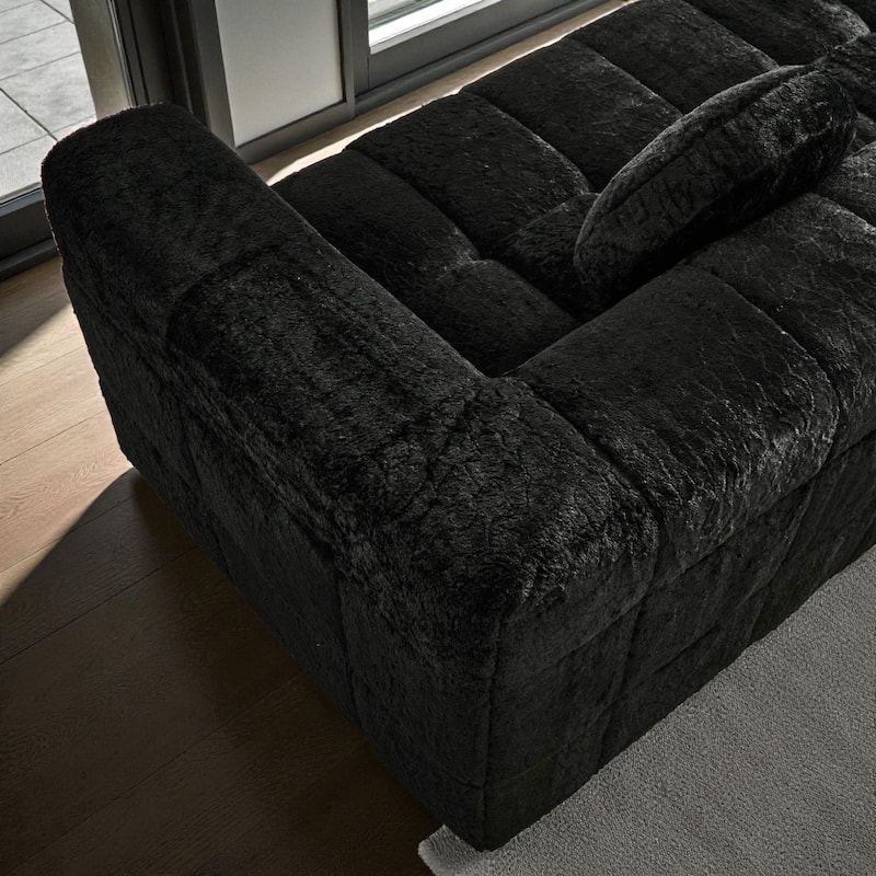 84.6" Modern Boneless Cloud Sofa, Lychee-Textured Long-Pile Polyester 3-Seater Couch with Checkered Design and Round Pillows