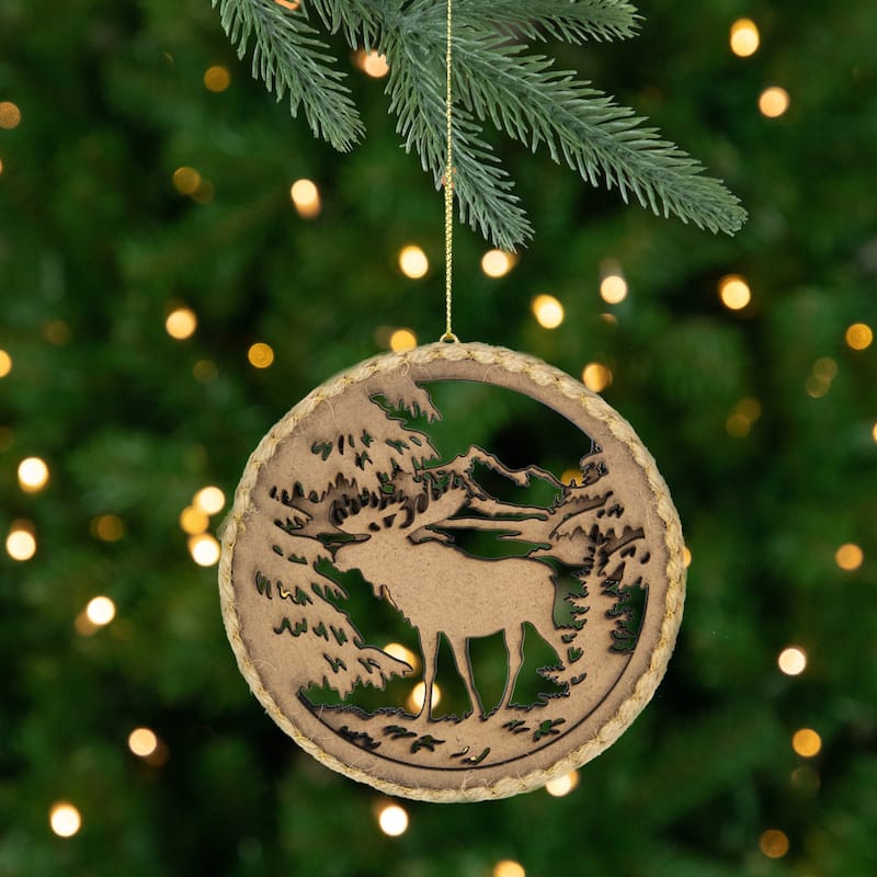 4.25 in Moose with Forest Trees Disk Christmas Ornament Brown - 4.25"