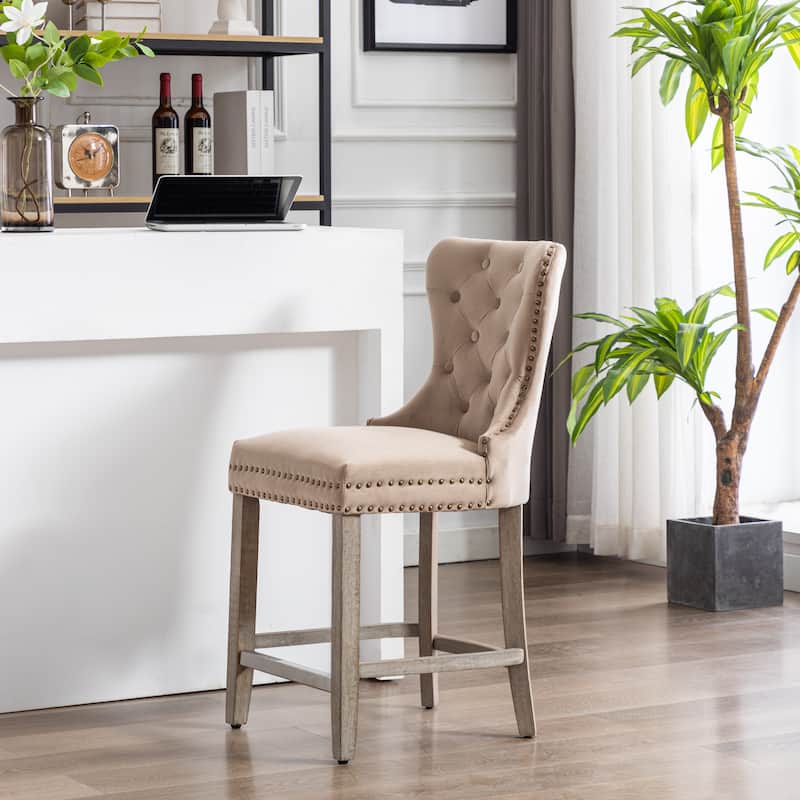Carter 24" Wingback Tufted Nailhead Counter Stool with Antique Grey Legs