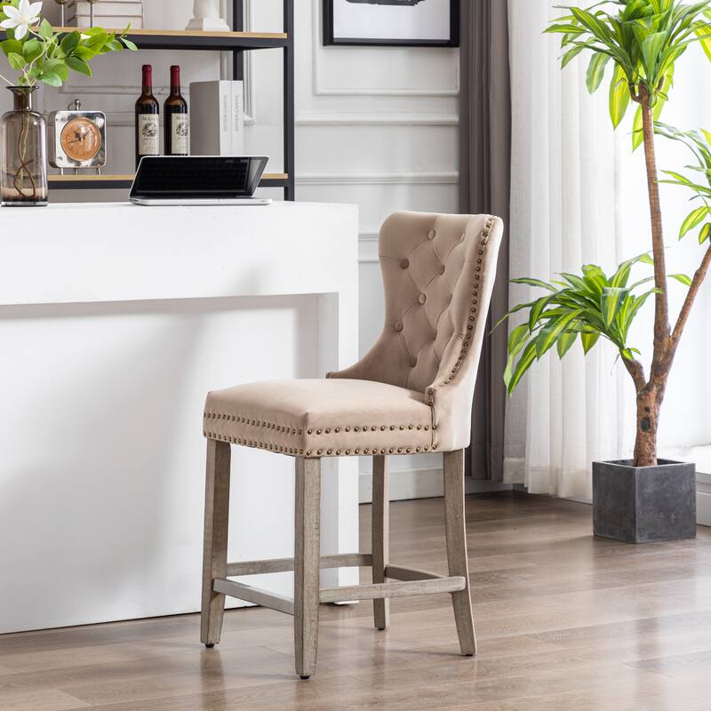 Carter 29" Wingback Tufted Nailhead Bar Stool with Antique Grey Legs