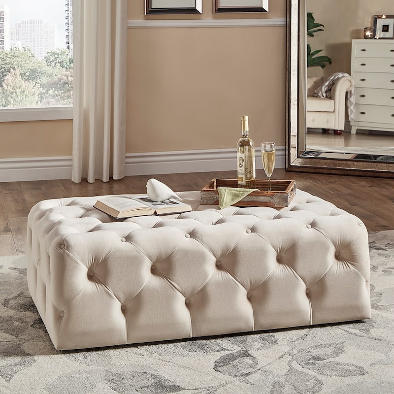 Knightsbridge Rectangular Tufted Ottoman with Casters by iNSPIRE Q Artisan - Beige Velvet
