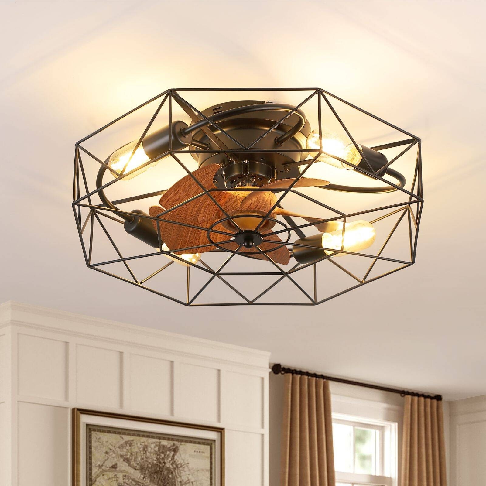 Iron Wire Polygon Ceiling Fans with Lights Remote Control for Porch, Patios, Kitchen, Bedroom, Farmhouse