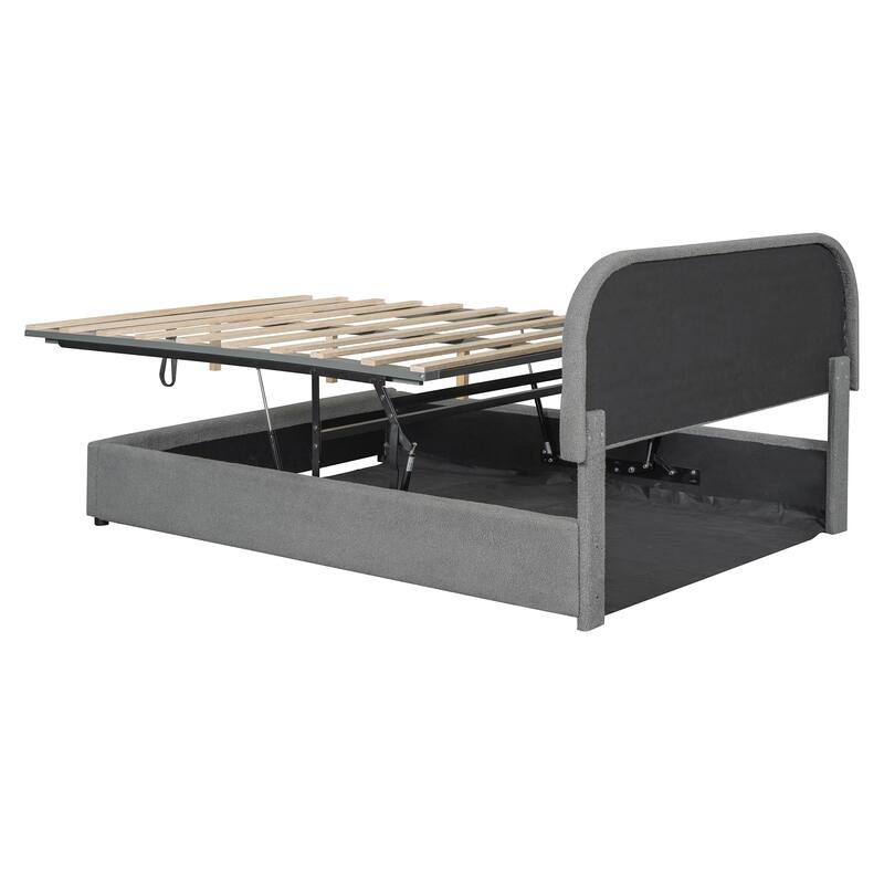Teddy Fleece Full Platform Bed with Hydraulic Storage System and Elegant Design