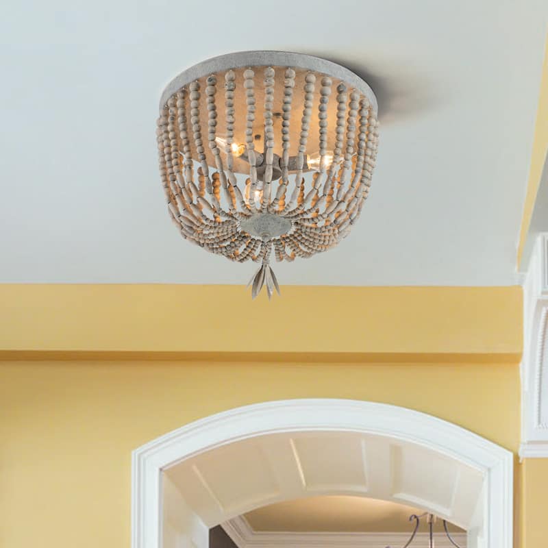 3-Light Vintage Grey Flush Mount with Weathered Gray Wash Wood Beads