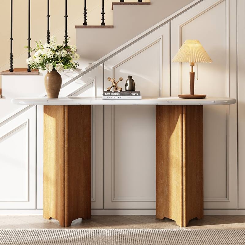 Rustic Sofa Table Narrow Console Table with Oval Faux Marble Top
