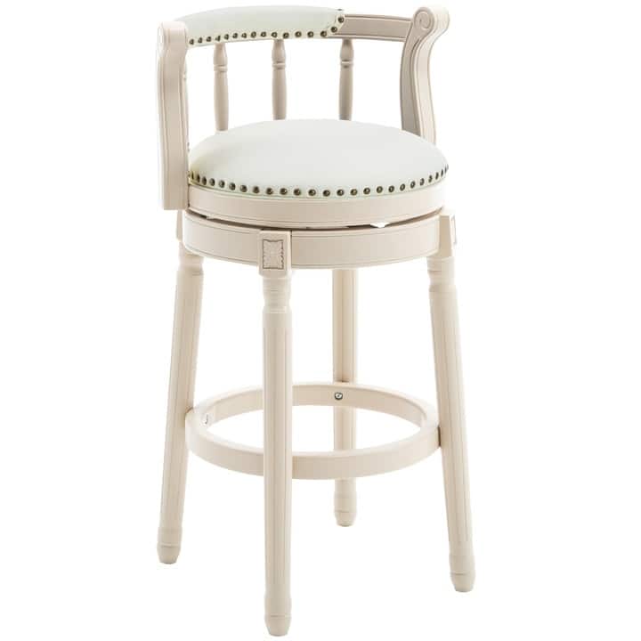 Leather Upholstered Wooden 360 Degrees Swivel Barstool with Back - Cream - Counter Height
