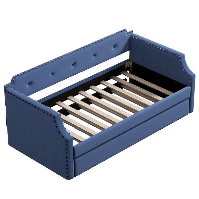 Upholstered Daybed With Trundle, Wood Slat Support,Upholstered Frame Sofa Bed