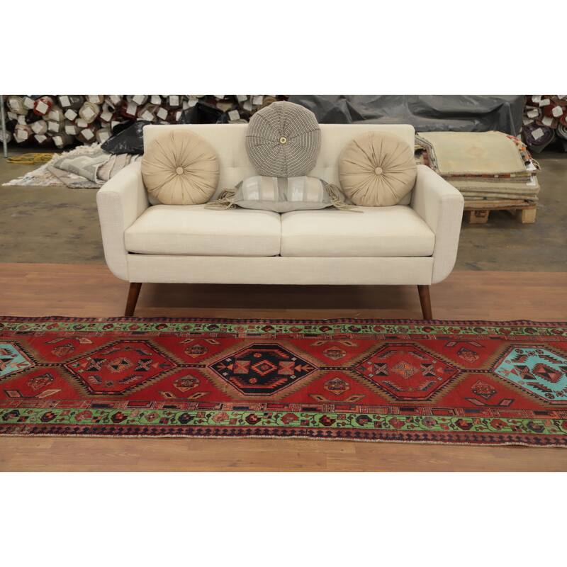Hand Knotted Oriental 100% Wool Carpet Traditional Geometric Oranges & Rust Ardebil Runner Rug - 10' 7'' X 3' 3''