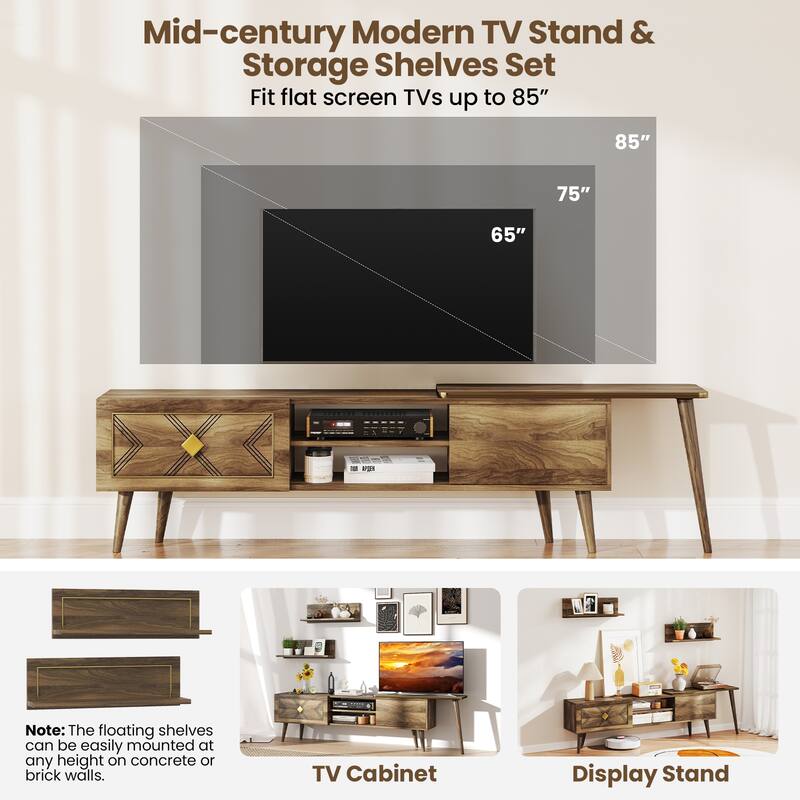 Walnut Engineered Wood TV Stand for 85" TVs with Storage and Floating Shelves - 75" L x 12.5" W x 20" H