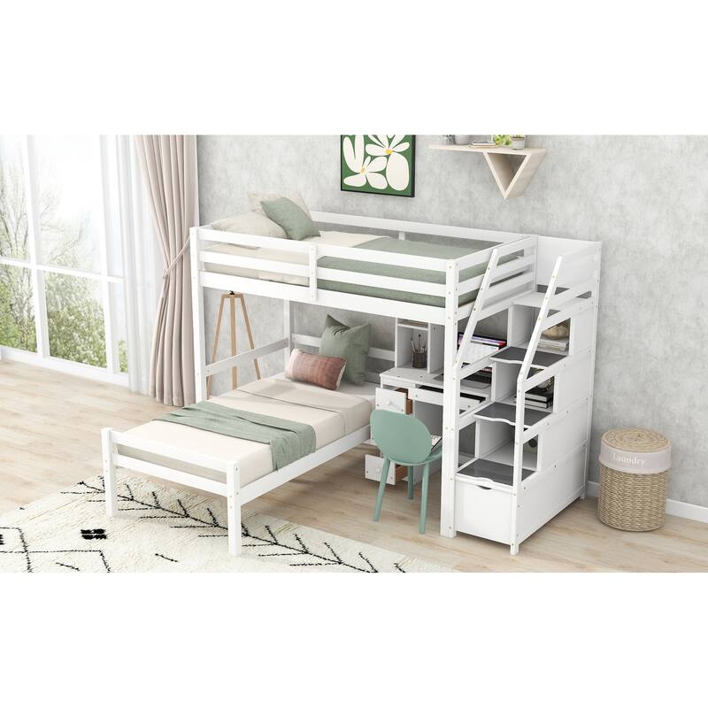 Twin Size Loft Bed with Stand-alone Bed, Storage Staircase, Desk, Shelves, and Drawers in White