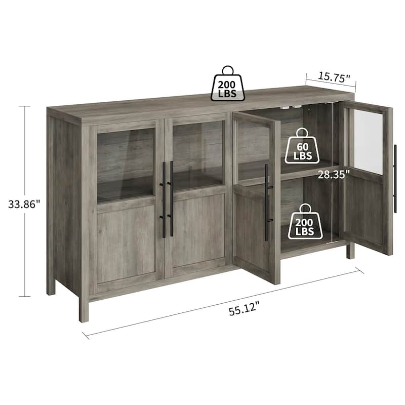 Large Buffet Cabinet with Storage, Sideboard Buffet Cabinet with Glass Doors - Grey