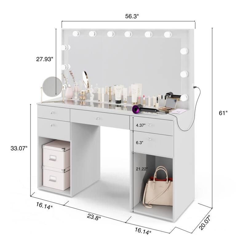 Hollywood Large Makeup Vanity Desk with 12 Light Bulbs; Modern Dressing Table with Multiple Storage Drawers & Crystal Knobs