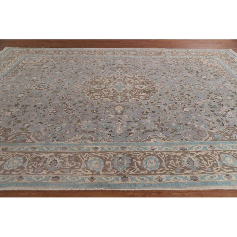Hand Knotted Oriental 100% Wool Carpet Traditional Floral Greys & Charcoal Tabriz Area Rug - 13' 3'' X 9' 4''