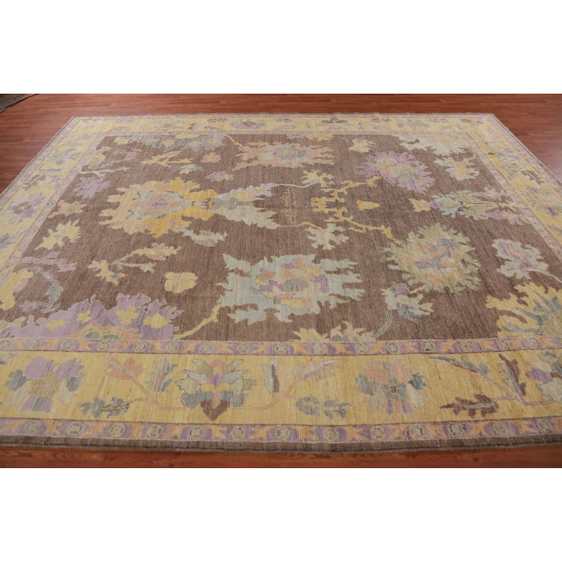Hand Knotted Oriental 100% Wool Carpet Transitional All-Over Brown Oushak Area Rug - 11' 11'' X 9' 1''