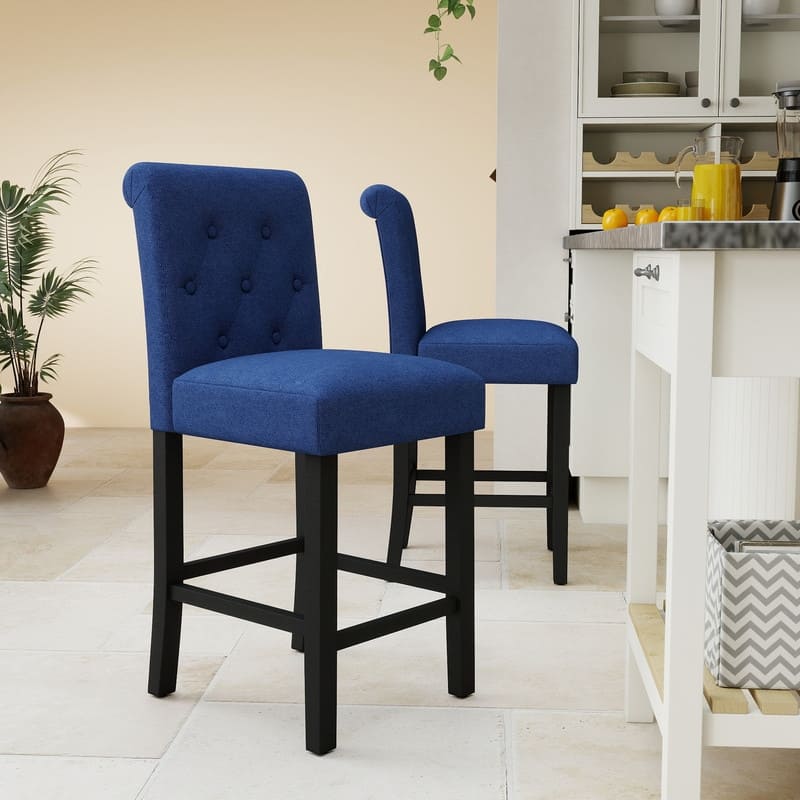 24 Inches Fabric Upholstered Counter Height Bar Stools with Button Tufted Back Set of 2