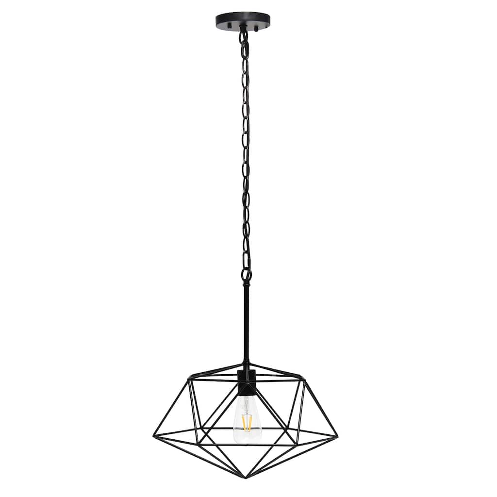 Geometric Pendant Light - 16" Black Metal Cage - Modern Industrial Ceiling Fixture for Living Room, Dining Room - 47