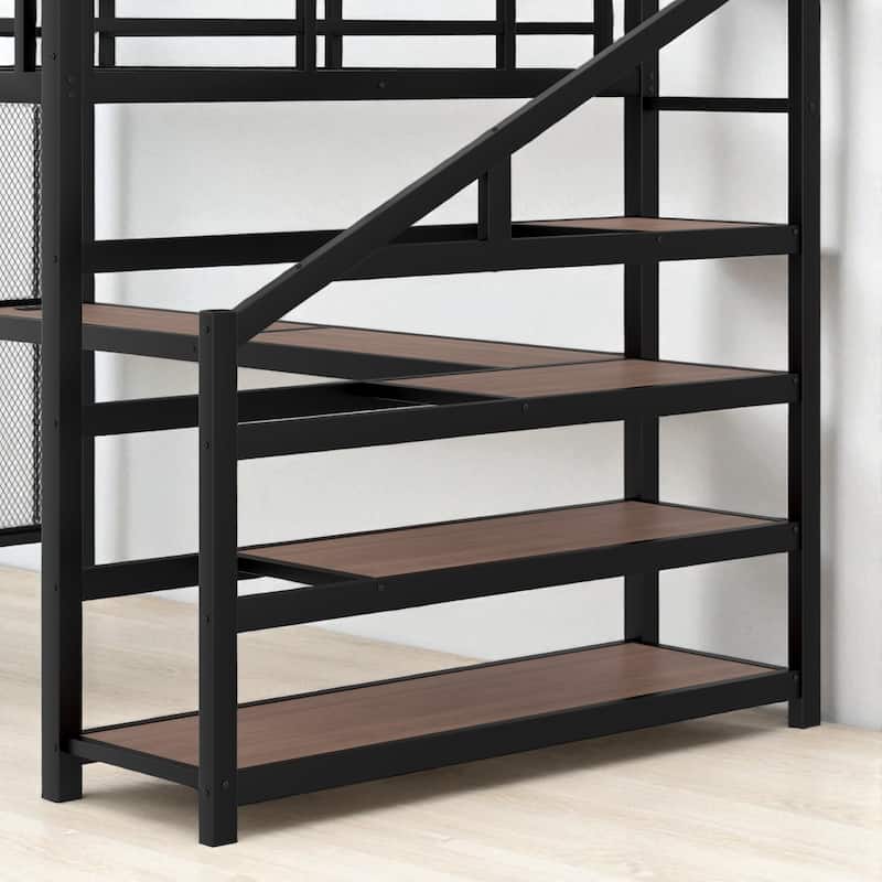 Full/Queen Size Metal Loft Bed with Desk, Storage Stairs, LED Lights, USB Ports and Pegboard, No Box Spring Needed