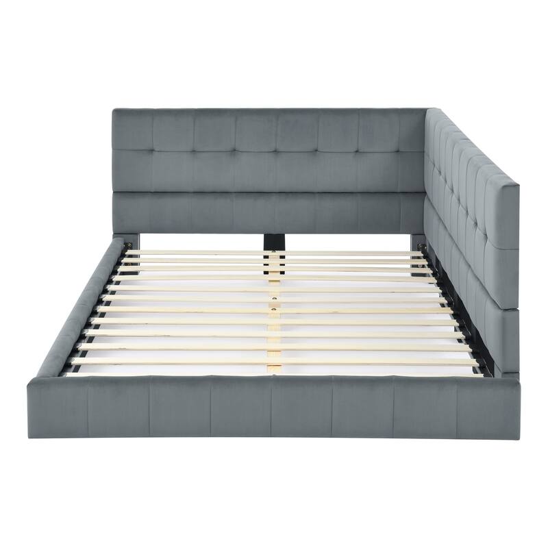 Full Size Daybed Grounded Bed Velvet Upholstered Tufted Bed Frame with L-shaped Backrest & Armrests for Livingroom or Bedroom