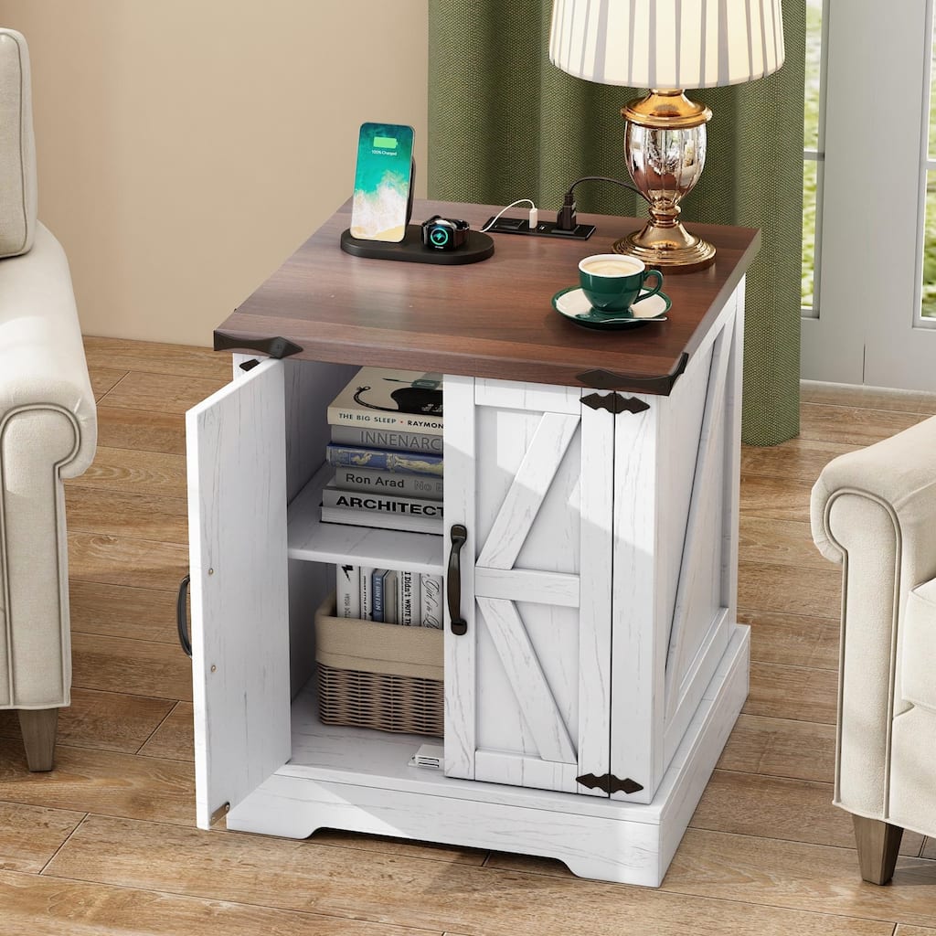 Farmhouse End Table with Charging Station, Rustic Wood Nightstand with Adjustable Shelf, 19.6"W Versatile