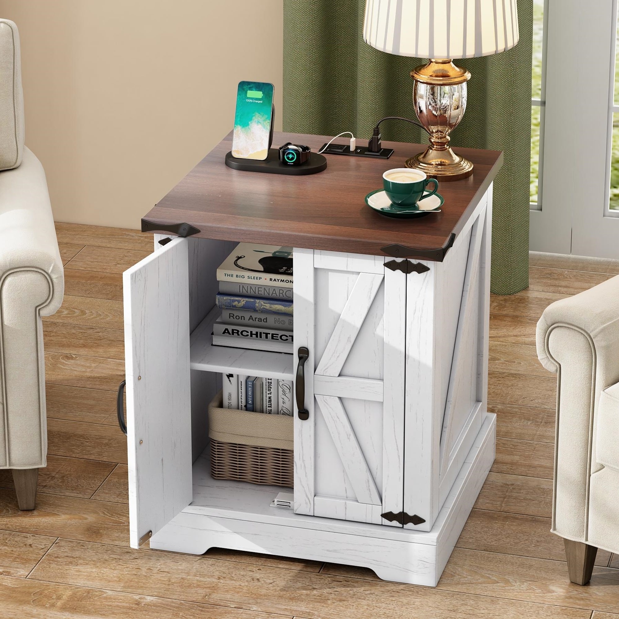 Farmhouse End Table with Charging Station, Rustic Wood Nightstand with Adjustable Shelf