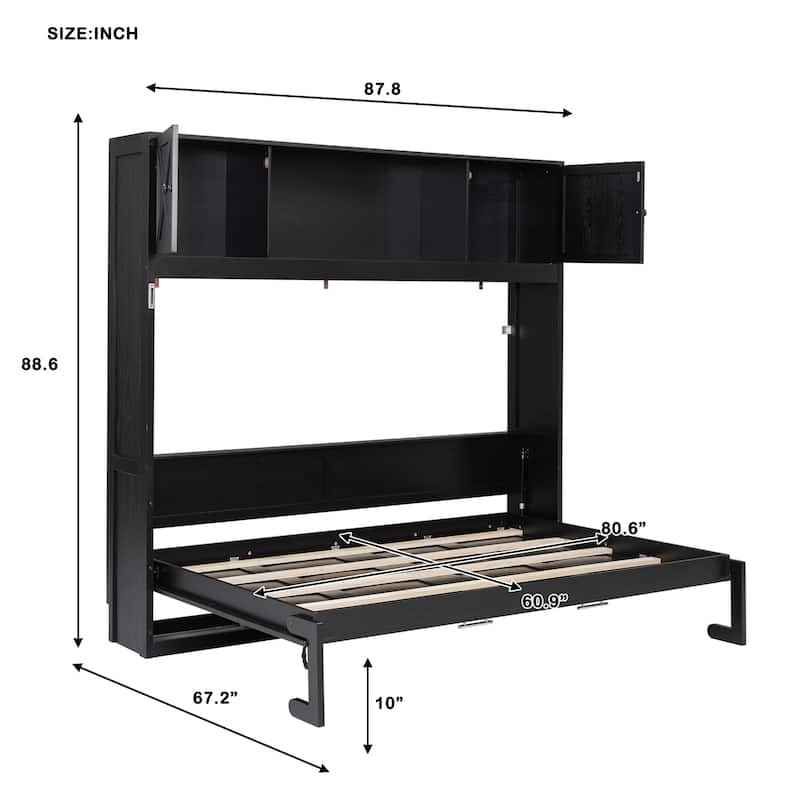 Murphy Bed Space Saving Cube Cabinet Bed with Top Storage Bookcase Cabinets, Foldable Platform Bed Frame