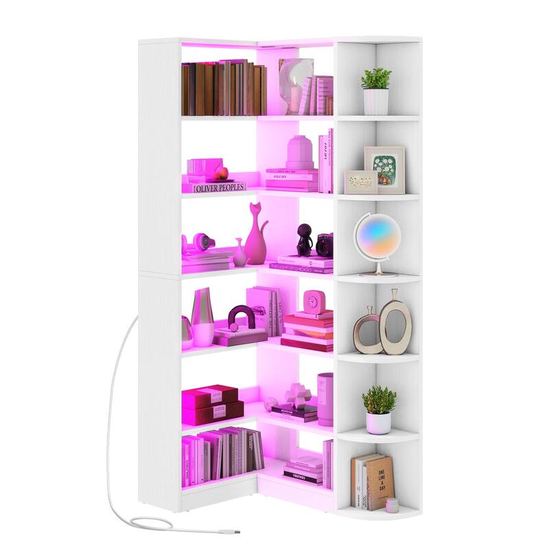 Moasis 70" Tall 6-Tier LED Corner Bookshelf L-Shaped Bookcase with Shelves for Living Room - White